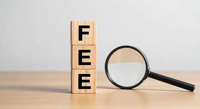 Wooden blocks spelling FEE are inspected with a magnifying glass on a wooden table representing cost analysis financial scrutiny and transparent pricing in a business or educational setting photo