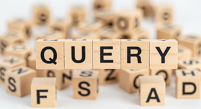 Wooden blocks spelling QUERY amidst scattered alphabet blocks on a white surface representing the concept of information retrieval and search engine optimization in a bright and clean environment photo