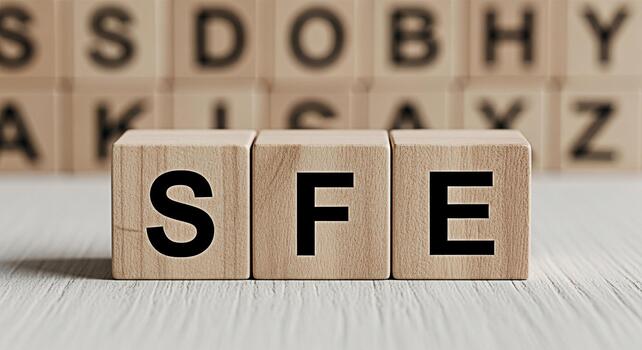 Wooden blocks spelling SFE on a white wooden surface conveying a message of clarity and focus with blurred alphabet blocks in the background creating a sense of depth and purpose photo