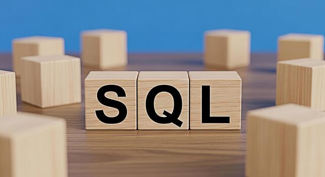 SQL letters on wooden blocks displaying database language on a wooden table against a blue background representing data management and relational database systems for software development and data ana photo
