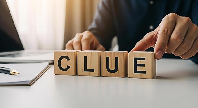 Person arranging wooden blocks spelling CLUE on a bright desk with a laptop and notepad symbolizing problemsolving and strategic thinking in a modern office environment fostering a sense of discovery photo