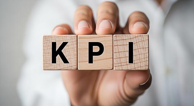 Closeup of a hand holding wooden blocks spelling KPI in a bright neutral setting representing key performance indicators and business success emphasizing measurement and achievement photo