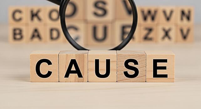 Examining the Word Cause with a Magnifying Glass on Wooden Blocks in a Bright Studio Setting Representing Investigation Analysis and the Search for Understanding and Root Causes photo