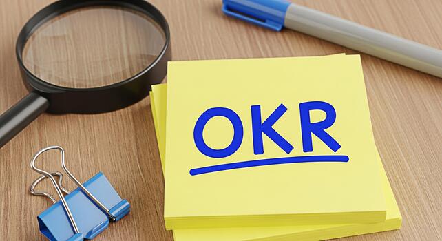 Closeup of OKR Objectives and Key Results written on a yellow sticky note on a wooden desk with a magnifying glass and blue marker representing goal setting and business strategy in a focused environm photo