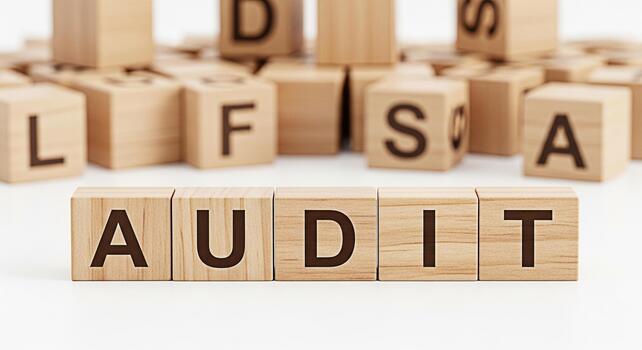 Wooden blocks spelling AUDIT on a white surface surrounded by other lettered blocks representing financial examination and verification in a clean organized environment conveying accuracy and complian photo
