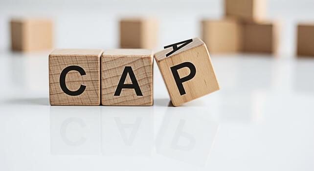 Wooden blocks spelling CAP on a white reflective surface symbolizing limits restrictions or maximums in a clean minimalist setting conveying a sense of control and boundary photo