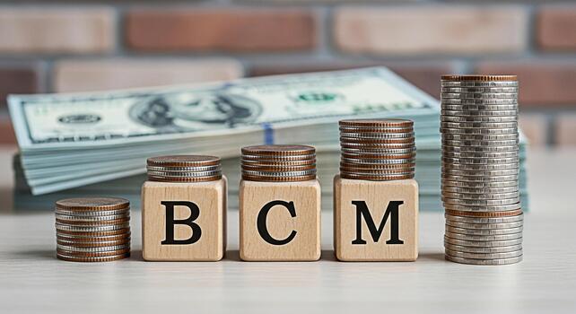 Stacks of coins on wooden blocks spelling BCM increasing in height with a background of US dollar bills representing business continuity management and financial growth in a stable environment photo