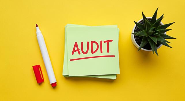 Stack of green sticky notes displaying the word Audit in red marker on a bright yellow background symbolizing financial review and business compliance creating a sense of organization and accountabili photo