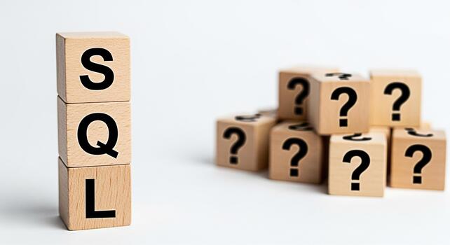 Wooden blocks spelling SQL stand prominently against a backdrop of question mark blocks symbolizing database queries and the challenges of data management in a clean minimalist studio setting photo