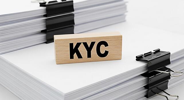 KYC wooden block resting on a stack of documents with binder clips in a bright office setting highlighting the importance of compliance and identity verification in business operations photo