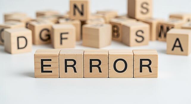Wooden blocks spelling ERROR on a white surface surrounded by other letter blocks conveying a concept of mistake failure or problem in a clean minimalist setting emphasizing the importance of accuracy photo