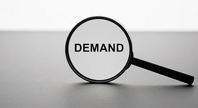 Magnifying glass focusing on the word Demand on a gray surface representing market analysis and the importance of understanding consumer needs in a competitive business environment emphasizing strateg photo