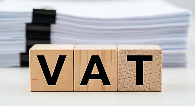 de madera bloques ortografía IVA en un escritorio con un apilar de documentos representando valor adicional impuesto y financiero conformidad en un negocio ambiente transporte un sentido de fiscal responsabilidad foto