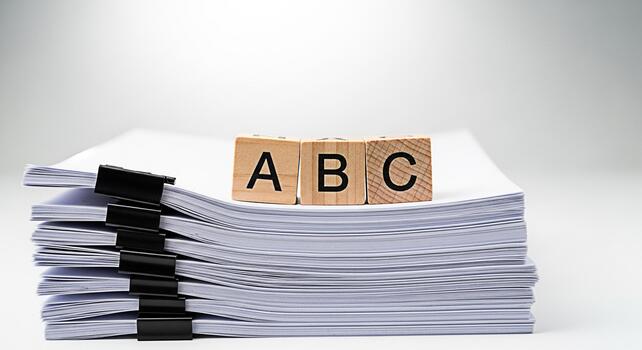 Wooden ABC blocks resting on a stack of white paper with black binder clips in a bright studio setting symbolizing basic education learning concepts and the importance of documentation photo
