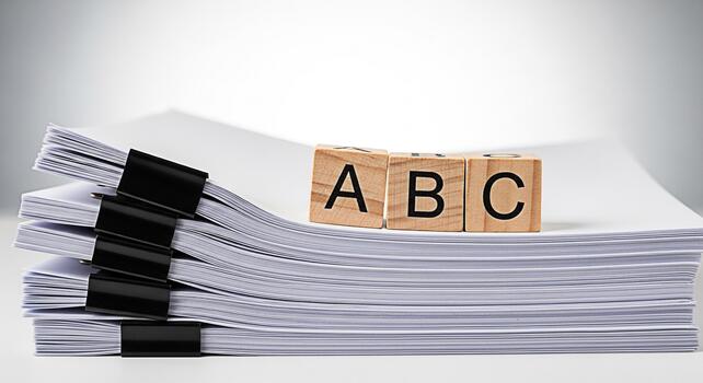 Stack of white papers secured with black binder clips topped with wooden blocks spelling ABC on a white surface representing organization learning and fundamental concepts in a clean and minimalist st photo