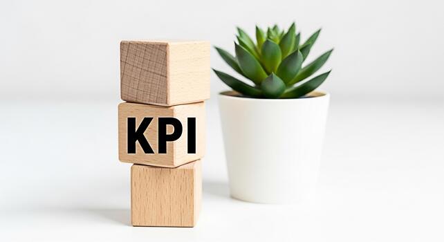 Wooden blocks displaying KPI metrics next to a succulent plant on a white table representing business performance and success in a clean and modern office environment conveying a sense of growth and a photo