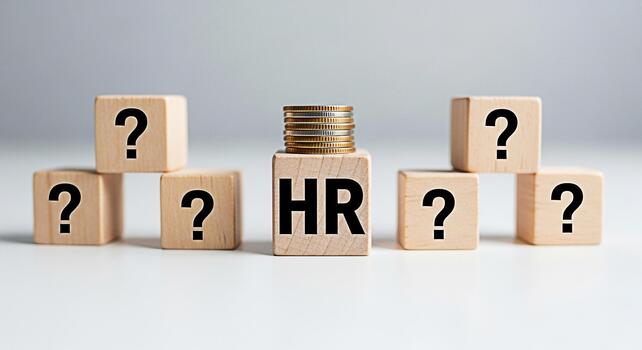 Wooden blocks displaying HR and question marks with stacked coins symbolizing HR challenges and financial decisions in a neutral setting creating a thoughtful and inquisitive mood photo