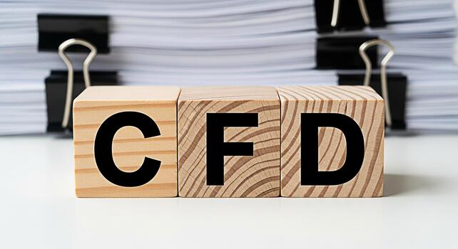 Wooden blocks spelling CFD on a white desk with a stack of papers in the background representing contract for difference conveying financial concepts and business strategies in a professional setting photo
