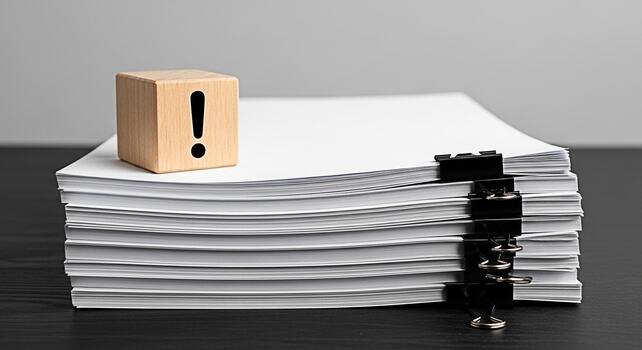 Wooden block with exclamation mark resting on a stack of white paper sheets secured with black binder clips on a dark wooden table symbolizing urgency and important documents in an office setting photo