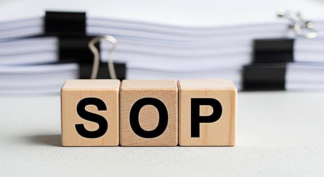 Wooden blocks displaying SOP in a bright office setting representing Standard Operating Procedures for business efficiency and compliance fostering a sense of organization and clarity in workflow mana photo