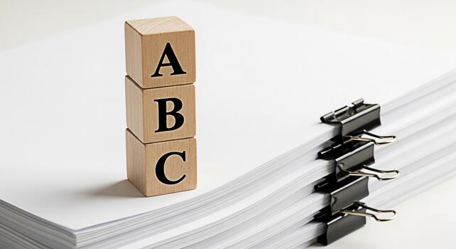 Stacked wooden ABC blocks resting on a pile of white paper secured with black binder clips in a bright minimalist setting symbolizing education learning and the basics of literacy photo