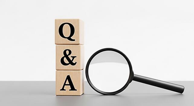 Wooden blocks displaying Q A are examined with a magnifying glass on a gray surface against a white background representing inquiry information seeking and problemsolving in a clean minimalist setting photo