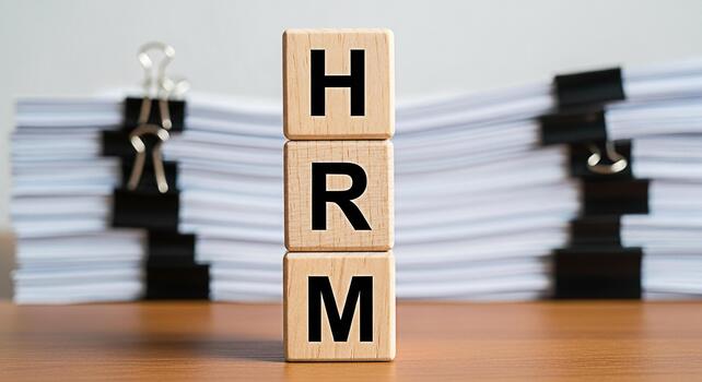 Wooden blocks spelling HRM on a desk with stacks of documents symbolizing human resources management and efficient paperwork in a corporate environment conveying organization and professionalism photo