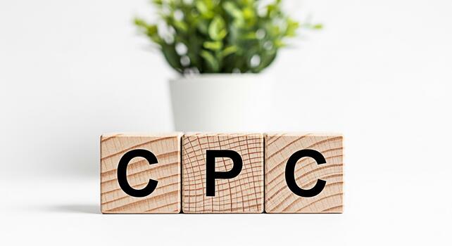Wooden blocks displaying CPC on a white surface with a green plant in the background representing cost per click advertising in a clean and modern setting conveying a message of effective online marke photo
