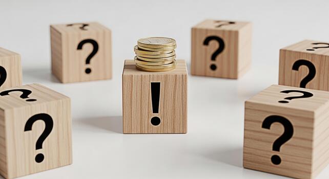 Stack of euro coins sitting on a wooden block with an exclamation mark surrounded by question mark blocks on a white surface symbolizing financial decisions and uncertainty photo