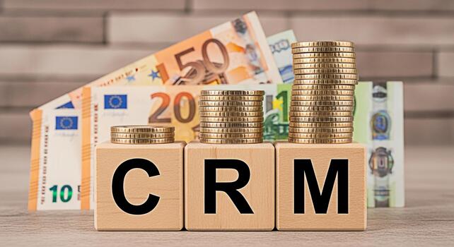 Wooden blocks spelling CRM with stacks of coins and Euro banknotes in the background representing customer relationship management and financial growth in a businessoriented setting photo