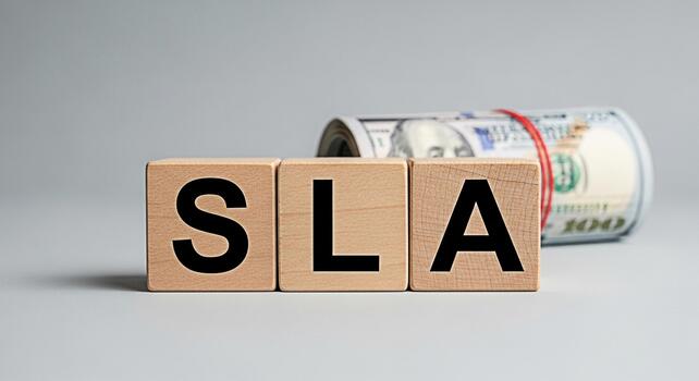 Wooden blocks displaying SLA next to a roll of US currency on a white surface representing Service Level Agreement and financial commitment in a business environment conveying trust and reliability photo