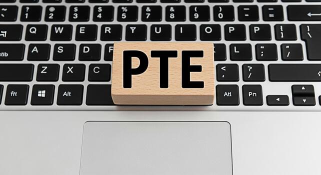 de madera bloquear mostrando por favor en un ordenador portátil teclado simbolizando preparación para el pearson prueba de Inglés enfatizando educación y carrera avance en un moderno digital aprendizaje ambiente foto