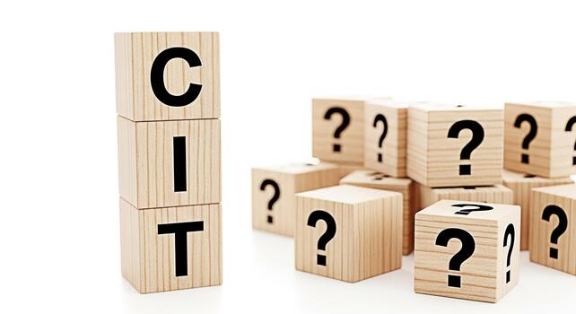 Wooden blocks spelling out CIT standing tall amidst a sea of question mark blocks on a white surface symbolizing challenges and opportunities in the field of Computer Information Technology photo