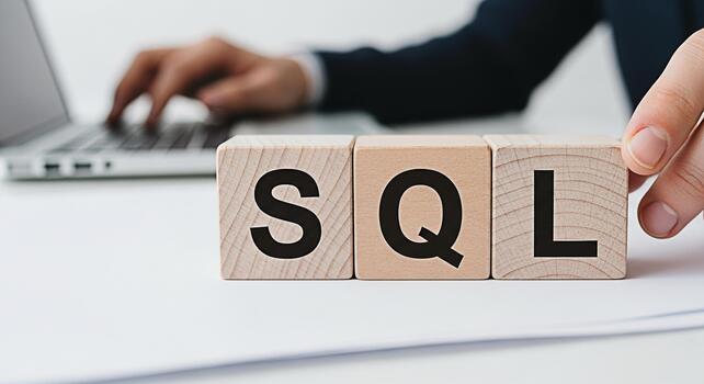 Database developer arranging wooden blocks spelling SQL on a white desk while working on a laptop symbolizing data management and structured query language in a modern office environment photo
