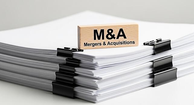 Wooden block displaying MA resting on a stack of documents in a bright office setting representing corporate finance and strategic business decisions for mergers and acquisitions photo
