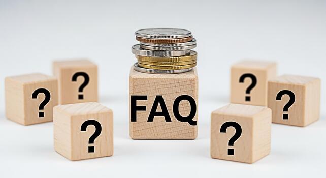 Wooden blocks displaying FAQ and question marks with a stack of coins symbolizing frequently asked questions about finance and investment creating a sense of inquiry and financial literacy photo