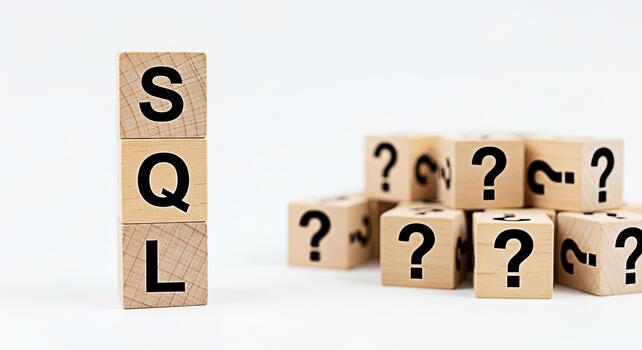 Wooden blocks displaying SQL stand tall amidst a pile of question mark blocks on a clean white background representing database queries data analysis and the challenges of information retrieval photo