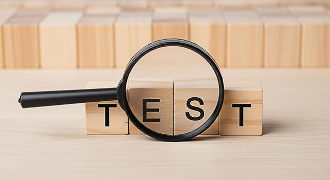 Magnifying glass examining wooden blocks spelling TEST on a light wooden surface symbolizing analysis evaluation and the importance of quality control in a bright and focused setting photo