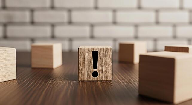 Wooden block with an exclamation mark standing out on a wooden table against a brick wall symbolizing attention warning and important information in a minimalist and modern setting photo
