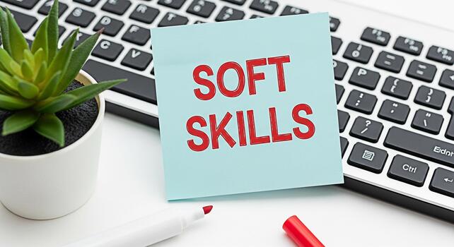 Closeup of a sticky note displaying Soft Skills on a white desk with a keyboard plant and markers emphasizing the importance of interpersonal skills in a modern workplace environment photo