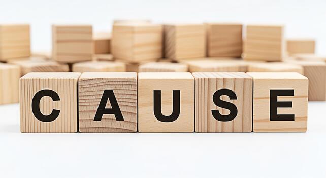 Wooden blocks spelling CAUSE on a white surface representing the foundation or origin of something conveying a sense of importance and fundamental principles in a clean and minimalist setting photo