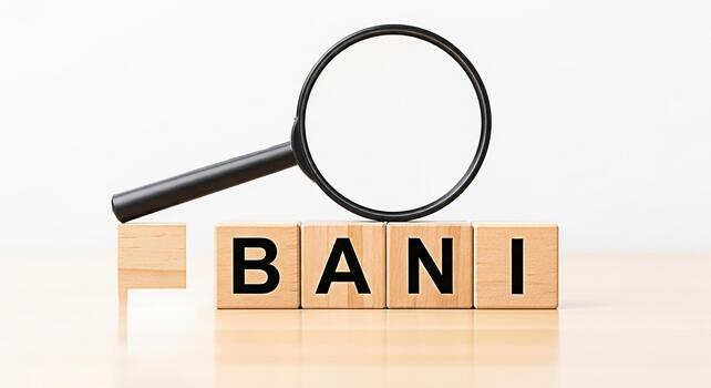 aumentador vaso examinando de madera bloques ortografía bani en un brillante superficie representando negocio análisis y navegando incertidumbre en un complejo ansioso no lineal y incomprensible mundo foto