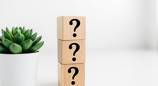 Stack of wooden blocks displaying question marks next to a potted succulent plant in a bright studio setting symbolizing uncertainty curiosity and the search for answers in a clean minimalist style photo