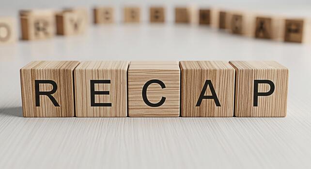 Wooden blocks spelling RECAP on a bright white wooden surface representing a summary or review of past events evoking a sense of reflection and learning from previous experiences photo