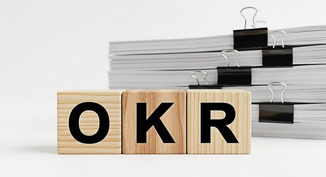 Wooden blocks displaying OKR acronym in a bright office setting representing Objectives and Key Results a strategic framework for defining and tracking goals fostering clarity and alignment within an photo
