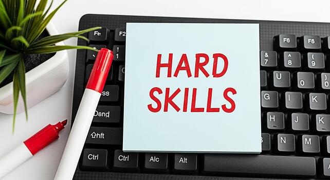 Hard skills concept displayed on a sticky note placed on a black computer keyboard in a modern office environment emphasizing the importance of technical abilities and expertise for career success photo