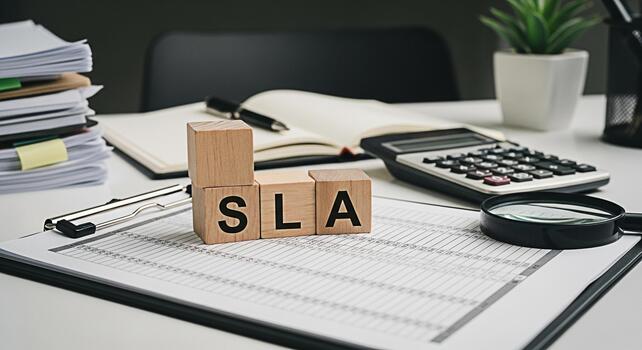 Wooden blocks spelling SLA resting on a financial report in a bright office environment symbolizing service level agreement and business efficiency with a calculator and documents in the background photo