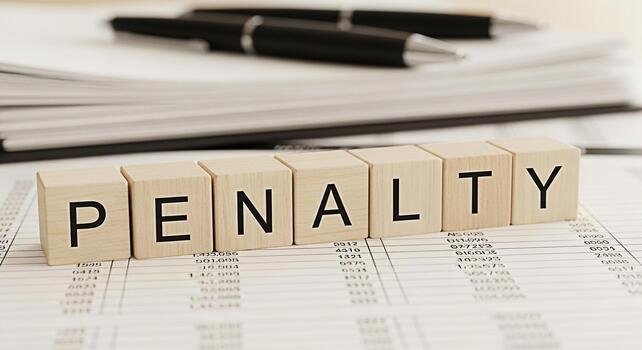 Wooden blocks spelling Penalty on a financial document with pens in the background representing the concept of financial consequences and the importance of compliance in a business setting photo