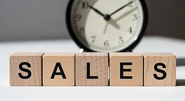 Wooden blocks spelling SALES in a bright studio setting with a clock in the background symbolizing timesensitive promotions and urgency for customers to make purchases during a limitedtime offer photo