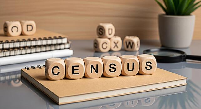 Wooden blocks spelling CENSUS resting on a notebook in a bright office setting emphasizing the importance of data collection and demographic analysis for informed decisionmaking and societal understan photo